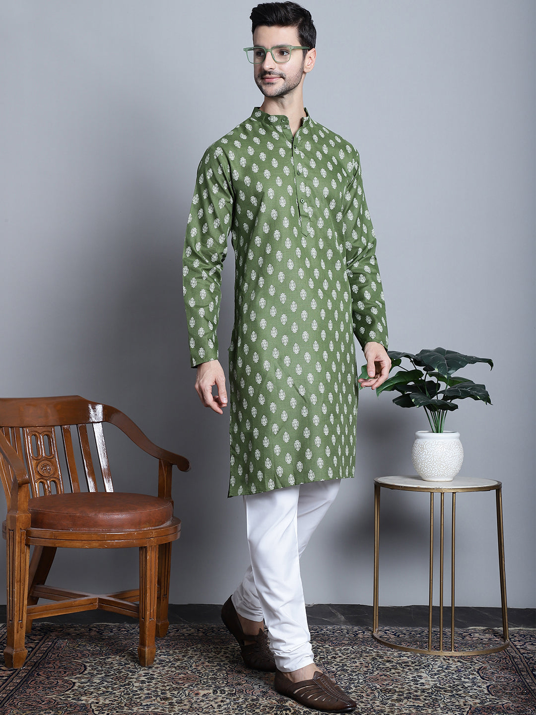 Jompers Men's Cotton Floral printed Kurta Only - Olive - Distacart