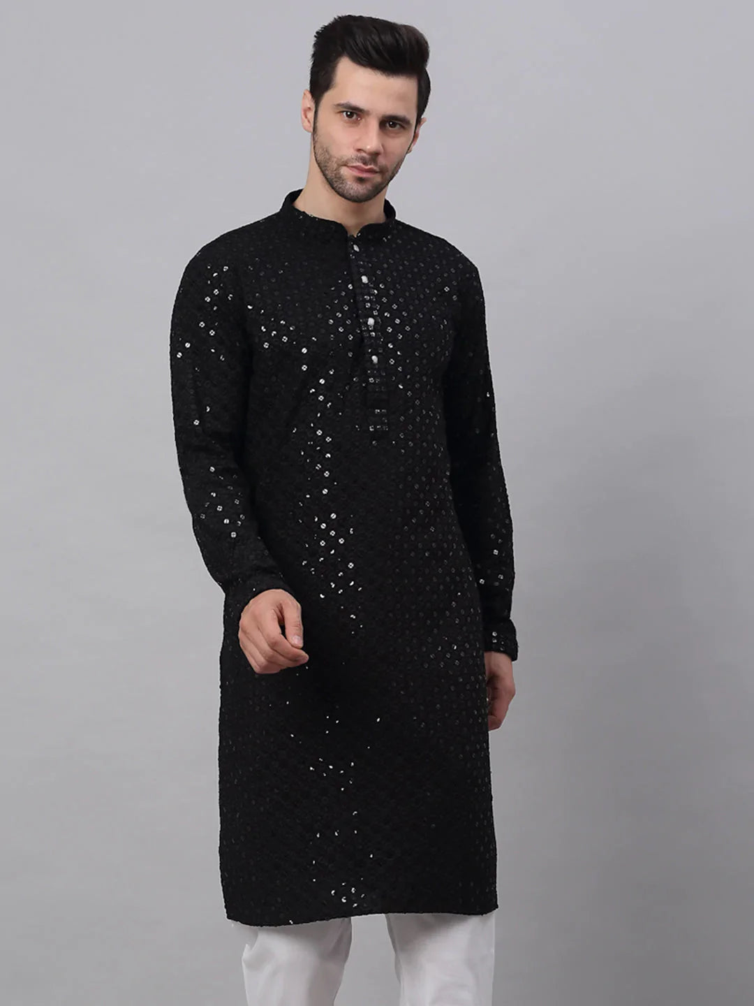 Jompers Men's Black Chikankari Embroidered and Sequence Kurta Only - Distacart