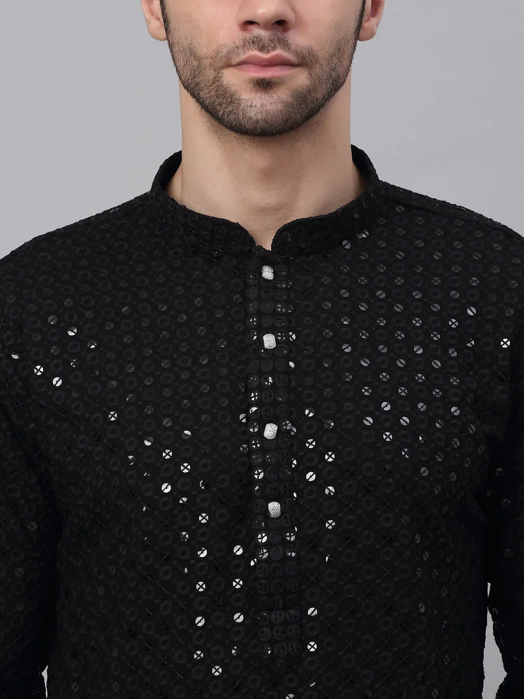 Jompers Men's Black Chikankari Embroidered and Sequence Kurta Only - Distacart