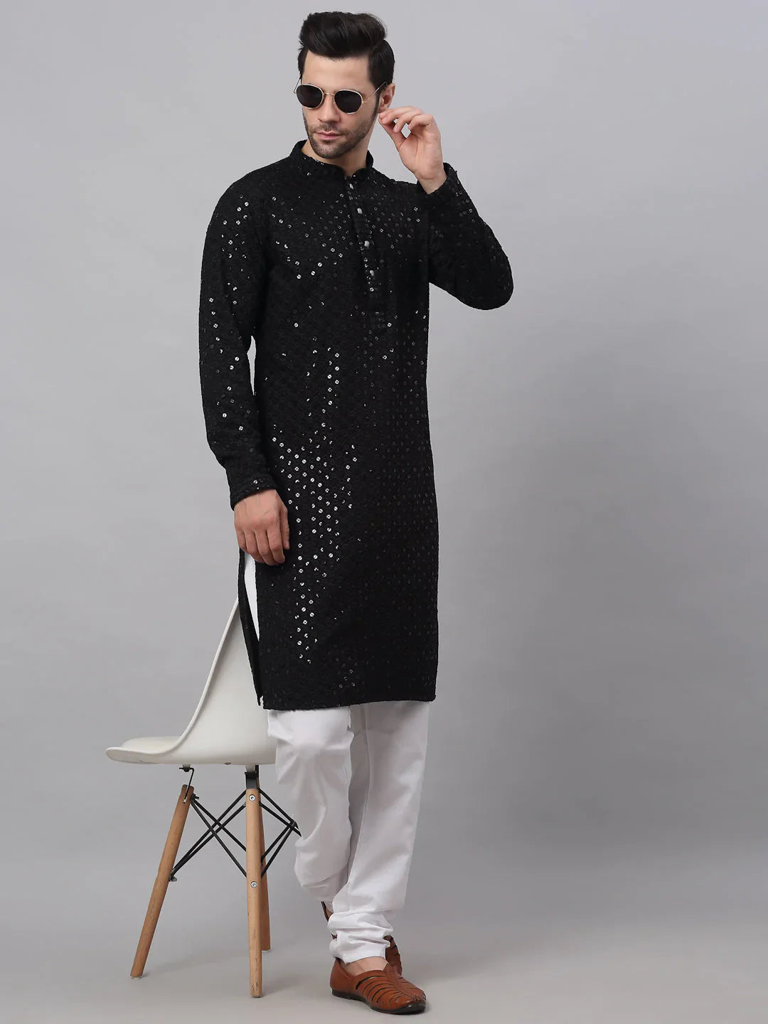 Jompers Men's Black Chikankari Embroidered and Sequence Kurta Only - Distacart