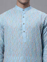 Thumbnail for Jompers Men's Sky Blue and Multi Coloured Embroidered Straight Kurta - Distacart