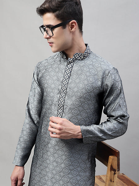Jompers Men's Grey Jacquard Silk Collar Embroidered Kurta - Distacart