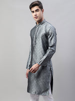 Thumbnail for Jompers Men's Grey Jacquard Silk Collar Embroidered Kurta - Distacart