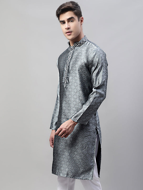 Jompers Men's Grey Jacquard Silk Collar Embroidered Kurta - Distacart