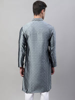 Thumbnail for Jompers Men's Grey Jacquard Silk Collar Embroidered Kurta - Distacart