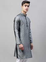 Thumbnail for Jompers Men's Grey Jacquard Silk Collar Embroidered Kurta - Distacart