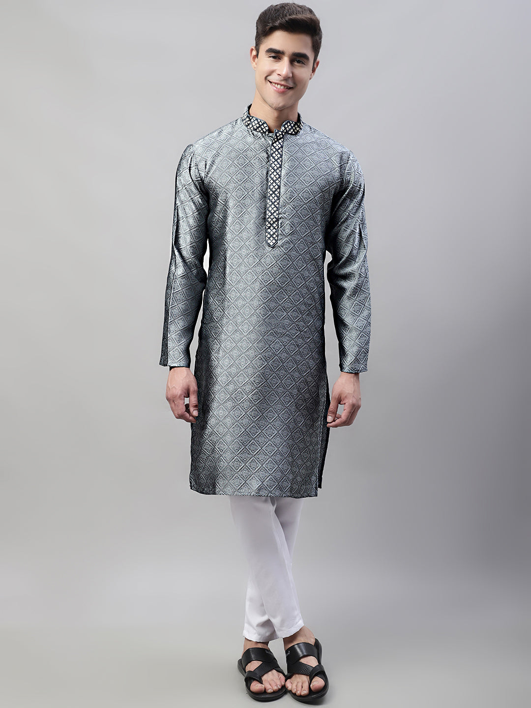 Jompers Men's Grey Jacquard Silk Collar Embroidered Kurta - Distacart