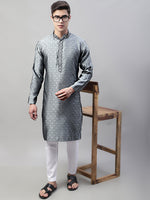 Thumbnail for Jompers Men's Grey Jacquard Silk Collar Embroidered Kurta - Distacart