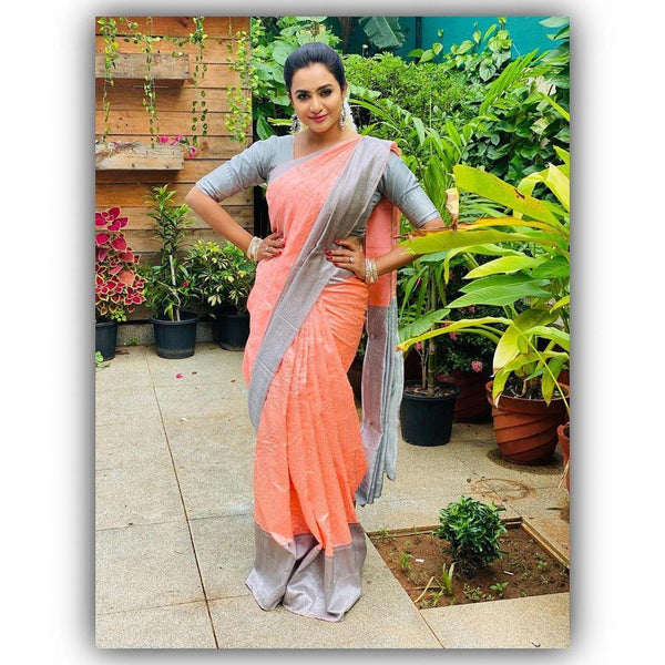 NOZ2TOZ Jacquard Lichi Silk Peach Saree With Unstitched Blouse Piece - Distacart