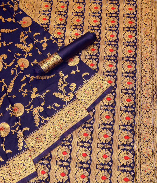 NOZ2TOZ Jacquard Lichi Silk Blue Saree With Unstitched Blouse Piece - Distacart