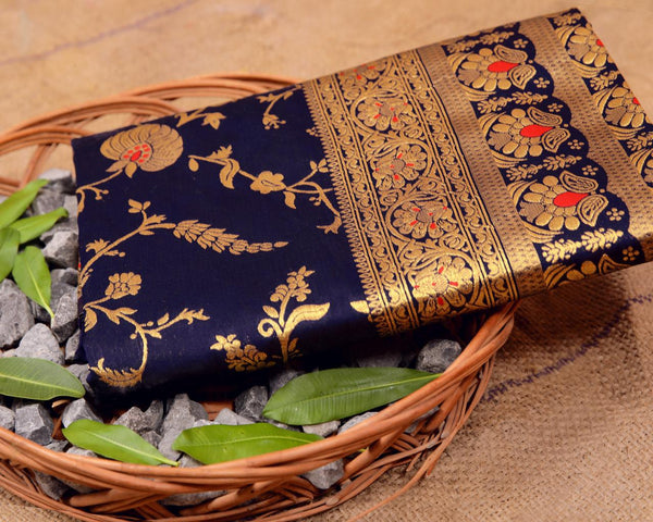 NOZ2TOZ Jacquard Lichi Silk Blue Saree With Unstitched Blouse Piece - Distacart