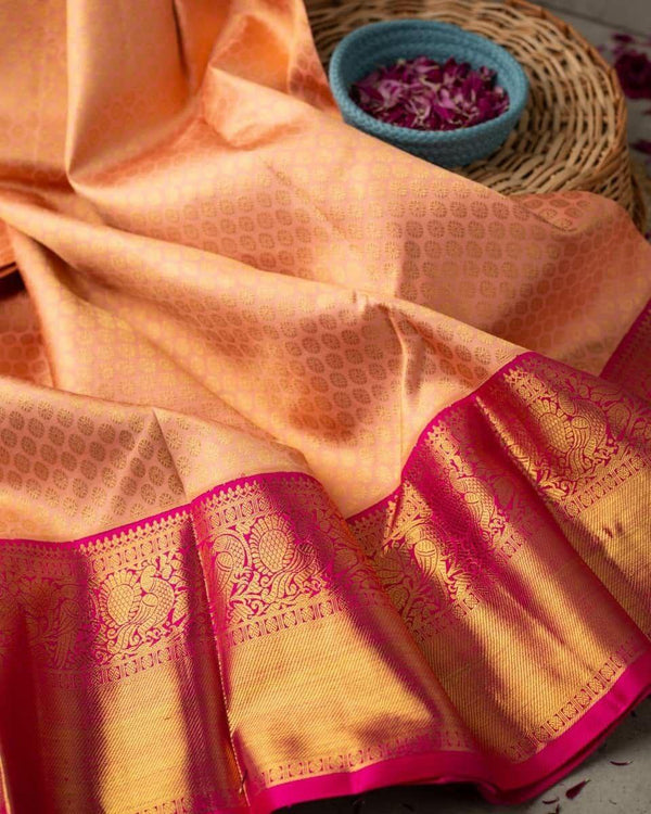 NOZ2TOZ Jacquard Lichi Silk Peach Saree With Unstitched Blouse Piece - Distacart