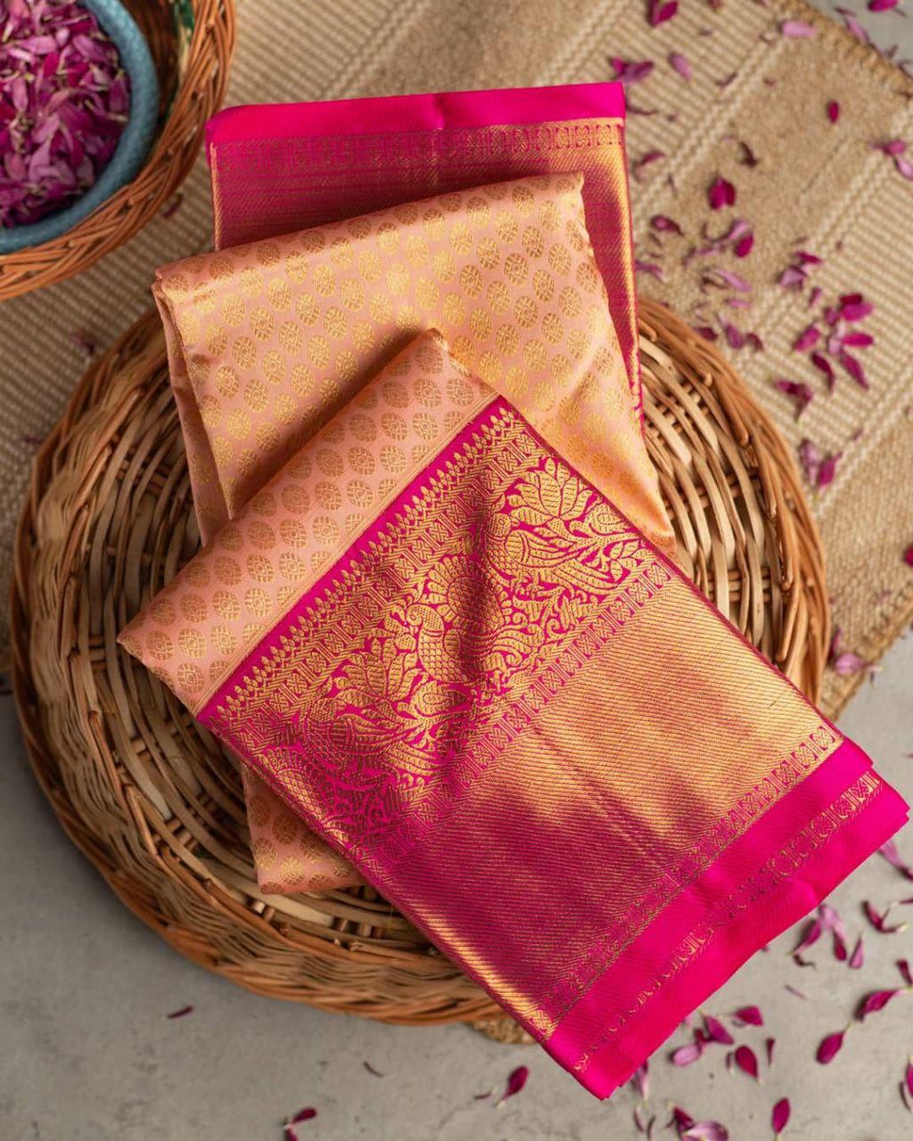 NOZ2TOZ Jacquard Lichi Silk Peach Saree With Unstitched Blouse Piece - Distacart