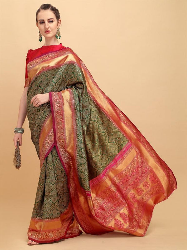 NOZ2TOZ Jacquard Lichi Silk Green Saree With Unstitched Blouse Piece - Distacart