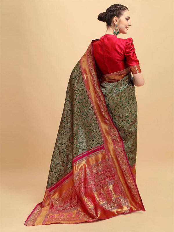 NOZ2TOZ Jacquard Lichi Silk Green Saree With Unstitched Blouse Piece - Distacart