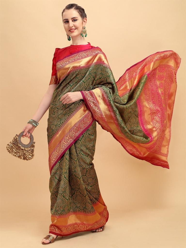 NOZ2TOZ Jacquard Lichi Silk Green Saree With Unstitched Blouse Piece - Distacart