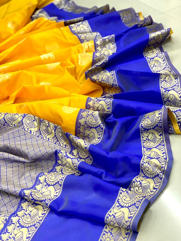 NOZ2TOZ Jacquard Lichi Silk Yellow Saree With Unstitched Blouse Piece - Distacart