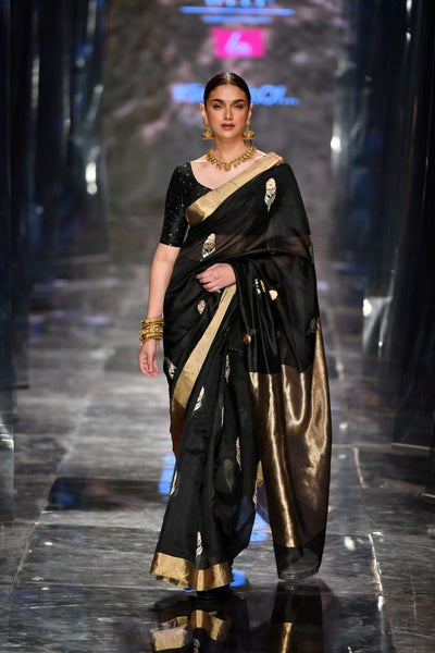 NOZ2TOZ Jacquard Lichi Silk Black Saree With Unstitched Blouse Piece - Distacart