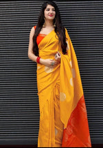 Thumbnail for NOZ2TOZ Jacquard Lichi Silk Yellow Saree With Unstitched Blouse Piece - Distacart