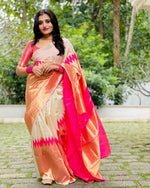 Thumbnail for NOZ2TOZ Jacquard Lichi Silk Cream Saree With Unstitched Blouse Piece - Distacart