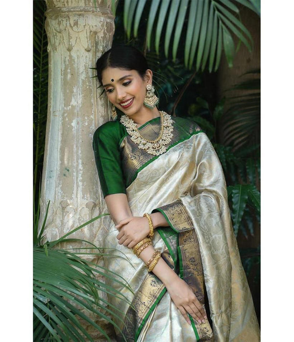 NOZ2TOZ Jacquard Lichi Silk Cream Saree With Unstitched Blouse Piece - Distacart