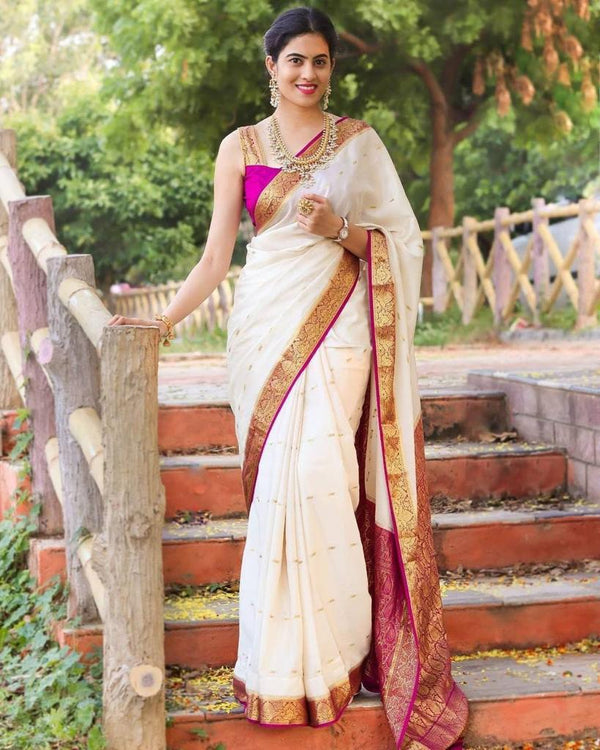 NOZ2TOZ Jacquard Lichi Silk White Saree With Unstitched Blouse Piece - Distacart
