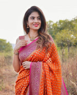 Thumbnail for NOZ2TOZ Jacquard Lichi Silk Orange Saree With Unstitched Blouse Piece - Distacart