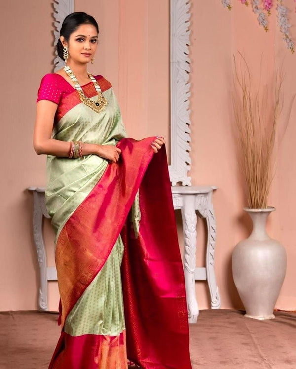 NOZ2TOZ Jacquard Lichi Silk Pista Saree With Unstitched Blouse Piece - Distacart
