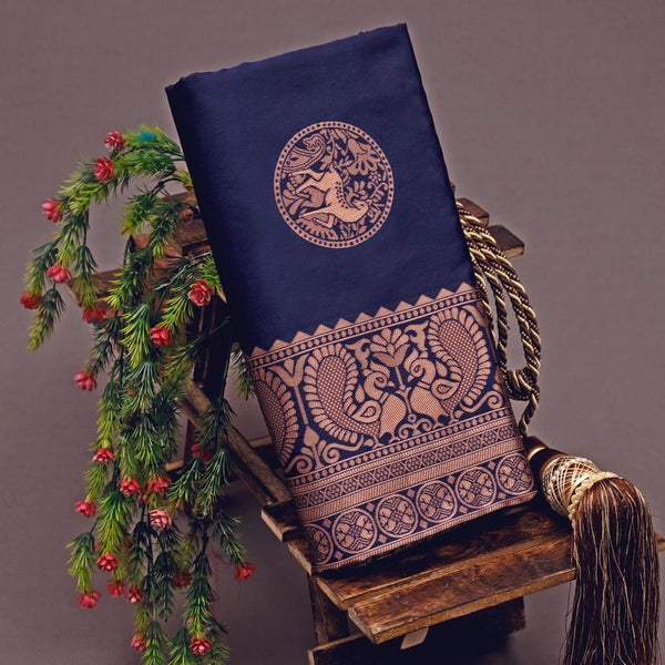 NOZ2TOZ Jacquard Lichi Silk Navy Blue Saree With Unstitched Blouse Piece - Distacart