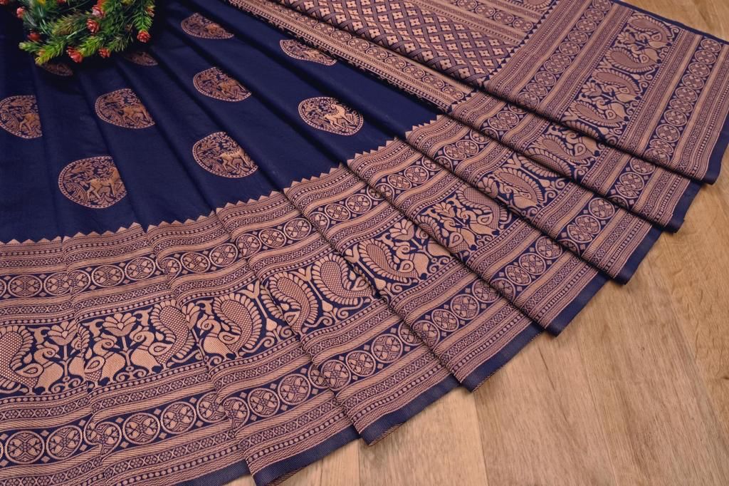 NOZ2TOZ Jacquard Lichi Silk Navy Blue Saree With Unstitched Blouse Piece - Distacart