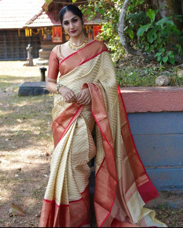 NOZ2TOZ Jacquard Lichi Silk Cream Saree With Unstitched Blouse Piece - Distacart