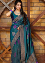 Thumbnail for NOZ2TOZ Jacquard Lichi Silk Teal Saree With Unstitched Blouse Piece - Distacart
