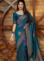 Thumbnail for NOZ2TOZ Jacquard Lichi Silk Teal Saree With Unstitched Blouse Piece - Distacart