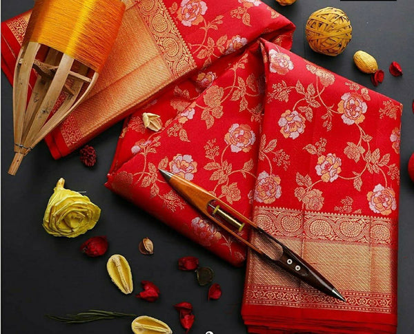 NOZ2TOZ Jacquard Lichi Silk Red Saree With Unstitched Blouse Piece - Distacart