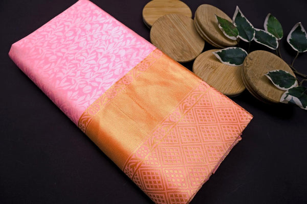 NOZ2TOZ Jacquard Lichi Silk Pink Saree With Unstitched Blouse Piece - Distacart