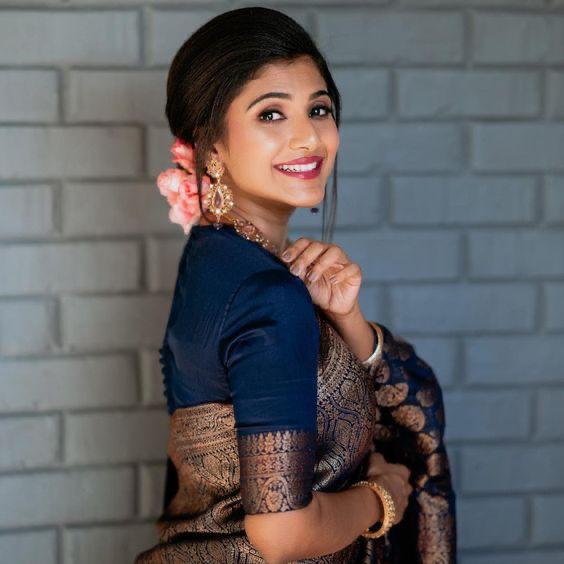 NOZ2TOZ Jacquard Lichi Silk Navy Blue Saree With Unstitched Blouse Piece - Distacart