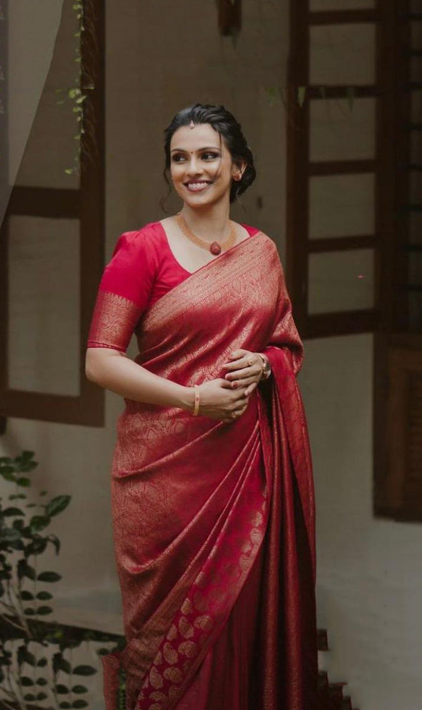 NOZ2TOZ Jacquard Lichi Silk Red Saree With Unstitched Blouse Piece - Distacart