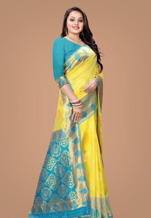 NOZ2TOZ Jacquard Lichi Silk Yellow Saree With Unstitched Blouse Piece - Distacart