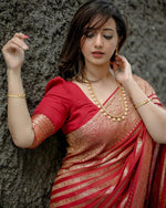 Thumbnail for NOZ2TOZ Jacquard Lichi Silk Red Saree With Unstitched Blouse Piece - Distacart