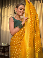 Thumbnail for NOZ2TOZ Jacquard Lichi Silk Yellow Saree With Unstitched Blouse Piece - Distacart
