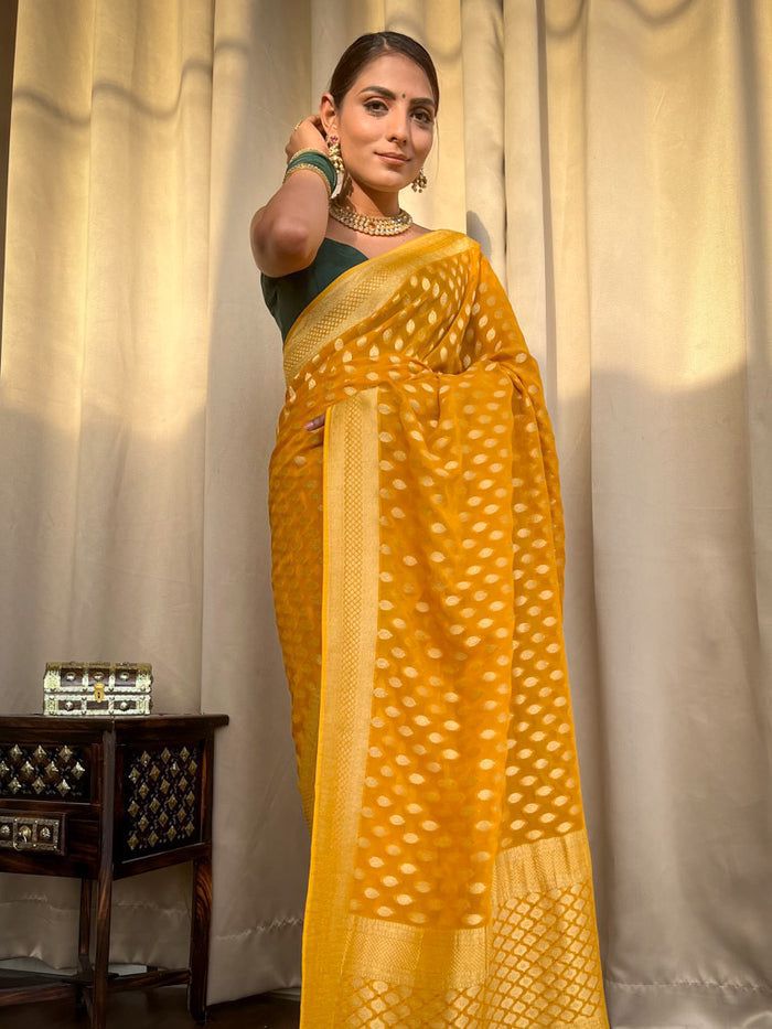 NOZ2TOZ Jacquard Lichi Silk Yellow Saree With Unstitched Blouse Piece - Distacart