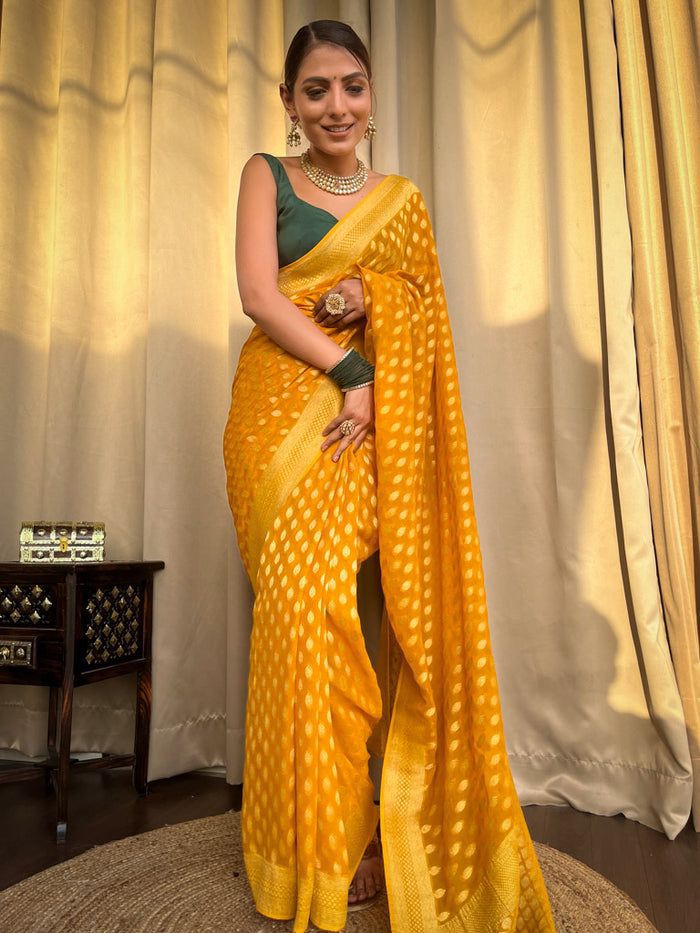 NOZ2TOZ Jacquard Lichi Silk Yellow Saree With Unstitched Blouse Piece - Distacart
