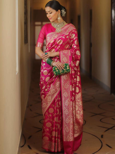 NOZ2TOZ Jacquard Lichi Silk Pink Saree With Unstitched Blouse Piece - Distacart