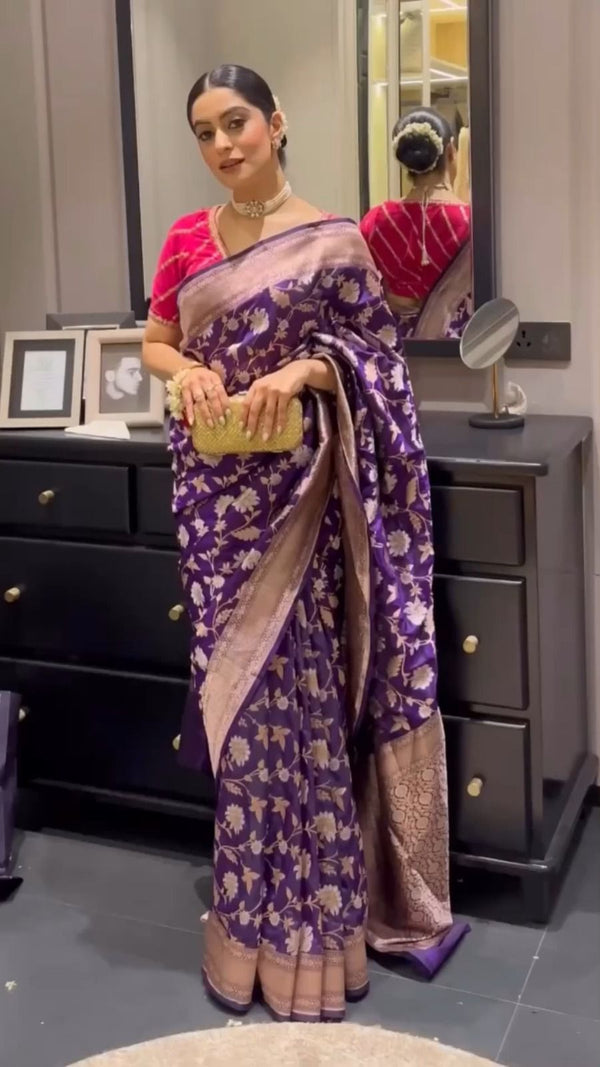 NOZ2TOZ Jacquard Lichi Silk Purple Saree With Unstitched Blouse Piece - Distacart