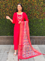 Thumbnail for Vedant Vastram Kurta Pant Set With Dupatta Having Beautiful Handwork - Red - Distacart