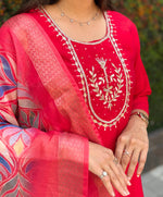 Thumbnail for Vedant Vastram Kurta Pant Set With Dupatta Having Beautiful Handwork - Red - Distacart