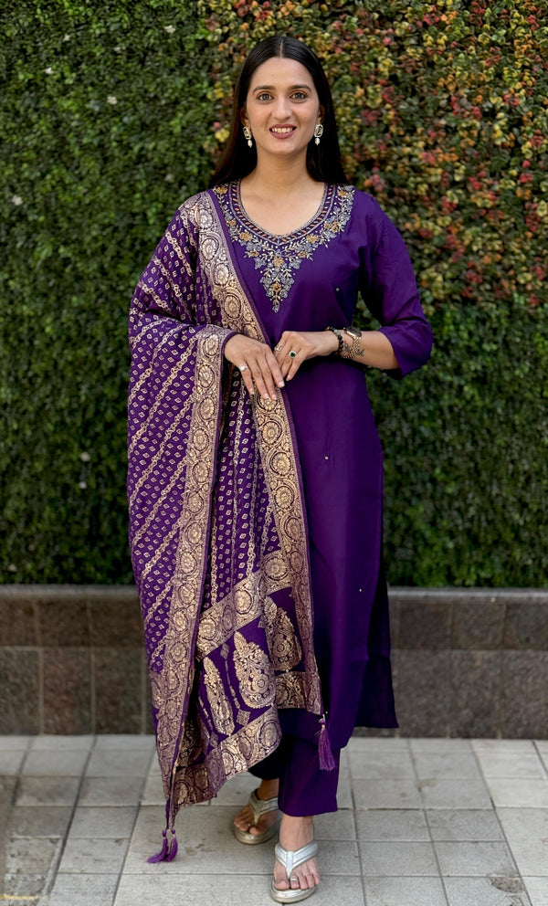 Vedant Vastram Kurta Pant Set With Dupatta Having Beautiful Handwork - Violet - Distacart
