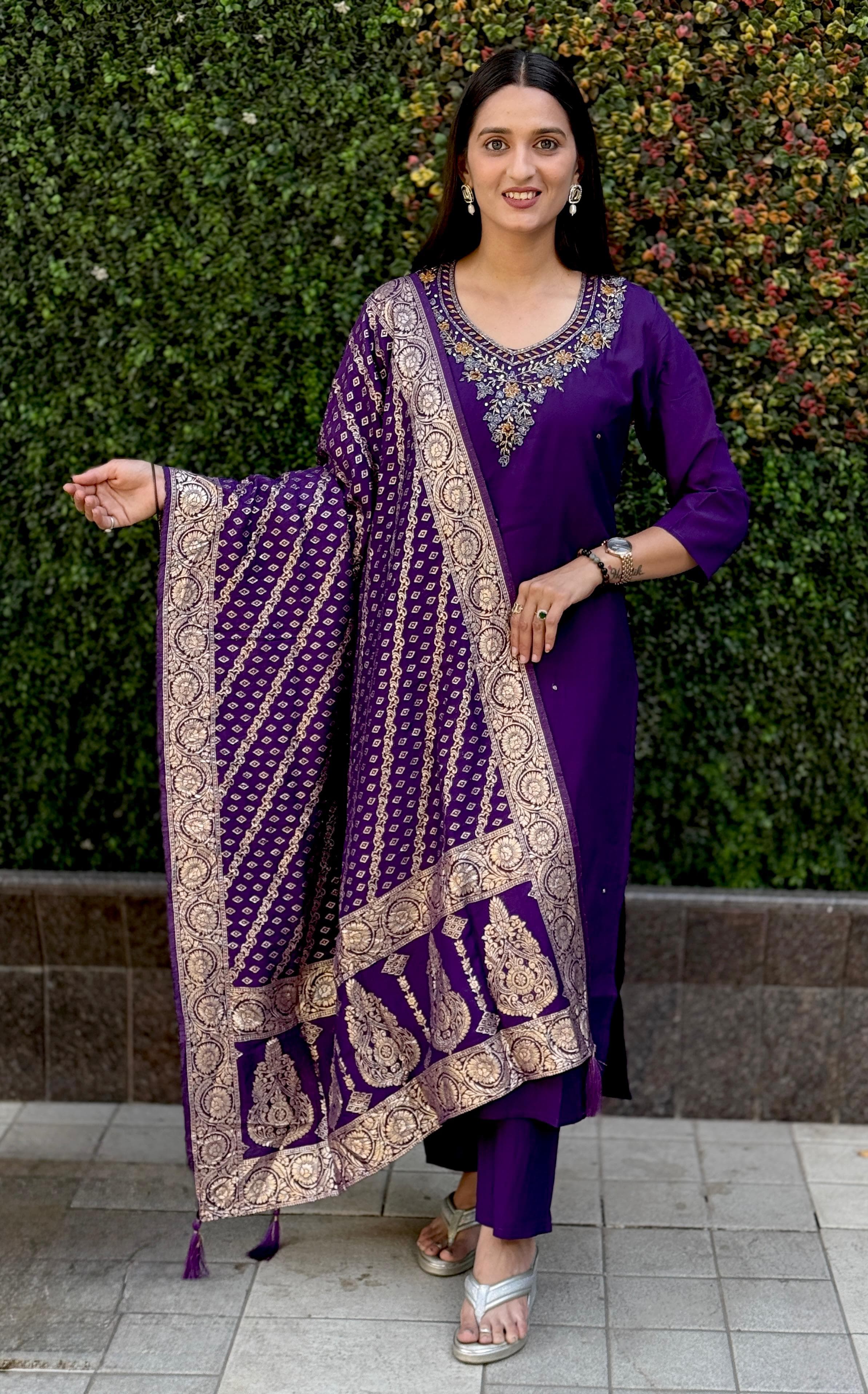 Vedant Vastram Kurta Pant Set With Dupatta Having Beautiful Handwork - Violet - Distacart