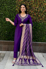 Thumbnail for Vedant Vastram Kurta Pant Set With Dupatta Having Beautiful Handwork - Violet - Distacart