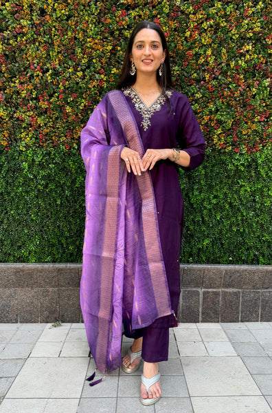 Vedant Vastram Kurta Pant Set With Dupatta Having Beautiful Handwork - Violet - Distacart